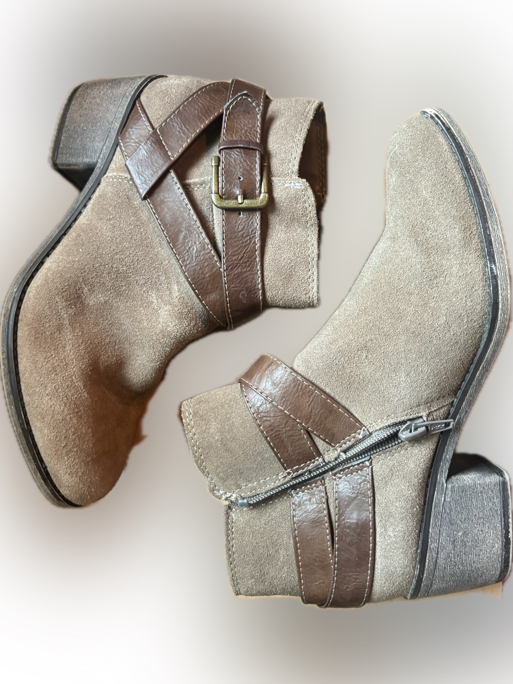 White Mountain Women’s Taupe Suede Ankle Boots with Brown Strap Detail